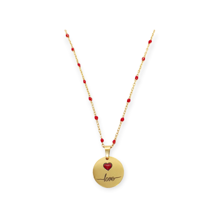 necklace steel gold chain red beads and round element love